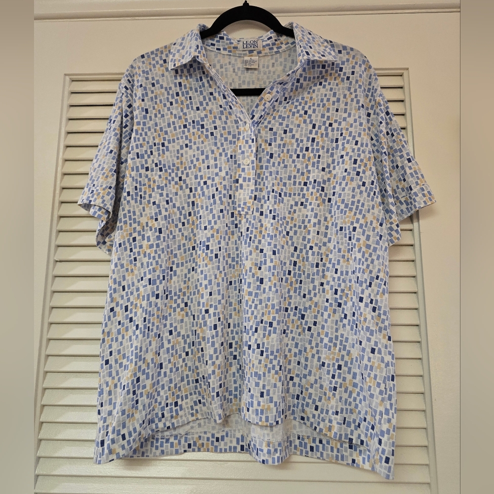 Leon Levin - Blue/White/Yellow Geometric Pattern Short-Sleeve Collar Shirt